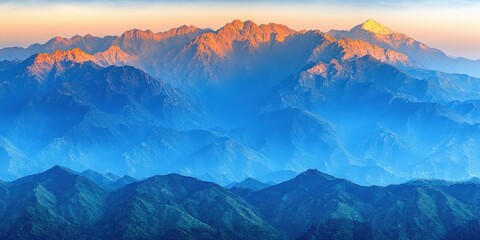 Canvas Print - Stunning Sunrise Over Majestic Mountain Range with Layers of Blue Mist, Capturing Natural Beauty, Tranquility, and Expansive Horizons in High Resolution