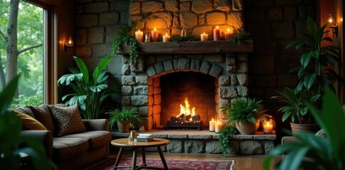 lush plants surround stone fireplace with candles aglow, plant surround, cabin life, fire table