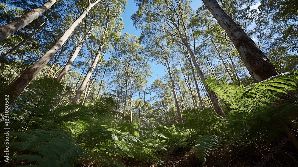 looking up at tall trees with lush green leaves and a clear blue sky ...