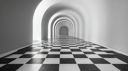 Poster - Endless Archway Hallway With Checkered Floor