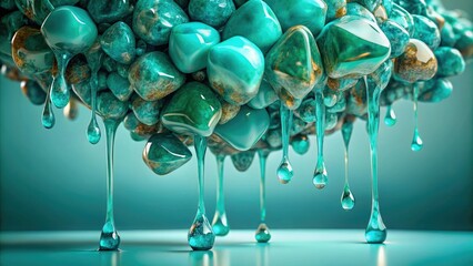 Slime drips from a cluster of turquoise gemstones, suspended in mid-air, artistic, abstract