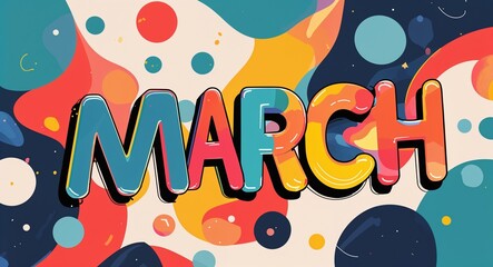 Wall Mural - march word cute retro colorful lettering in abstract background