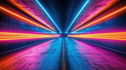 Poster - Neon Lights Illuminate Vibrant Tunnel Roadway