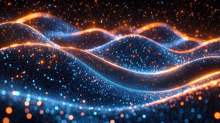 Poster - abstract blue and orange light particle waves