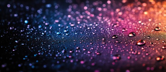 Colorful water drops on dark surface, bokeh background, design texture