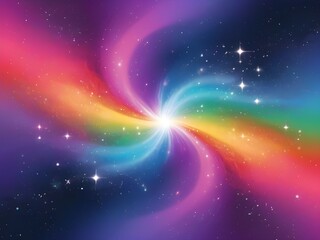 Wall Mural - A vibrant cosmic scene showcases a colorful spiral of light with shades of pink, blue, orange, and green swirling around a bright white center. Stars are scattered throughout the surrounding deep blue