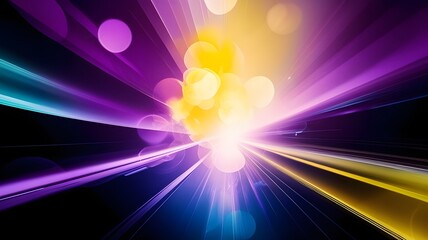 Wall Mural - Vibrant beams of light radiate outward in a mix of purple, yellow, and blue, creating a dynamic and energetic scene. Abstract circles and streaks enhance the sense of motion and depth.