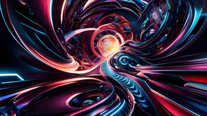 Wall Mural - Vivid swirls of red, blue, and black create a dynamic, futuristic tunnel effect, drawing the viewer toward a bright central focal point. The composition suggests motion and depth