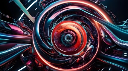 Wall Mural - A dynamic swirl of metallic and neon elements creates a sense of movement and energy. The composition features contrasting colors with vivid reds and blues intertwined in a circular pattern.