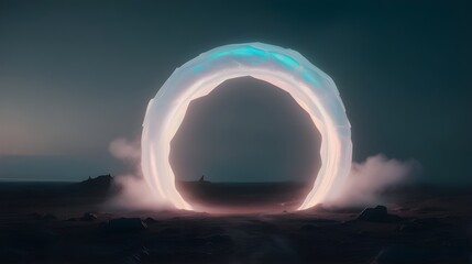 Wall Mural - A glowing circular portal stands majestically against a dark, misty landscape, casting soft light on the ground. The sky is a deep, moody hue, adding to the mysterious and ethereal atmosphere.