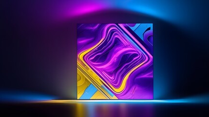 Wall Mural - Vibrant swirls of purple, pink, and yellow are displayed on a square surface, illuminated by blue and purple lighting. The reflective surface beneath adds depth, enhancing the sleek, modern aesthetic.