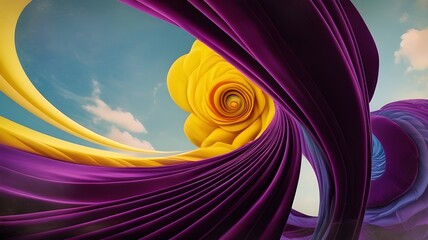 Wall Mural - Swirling purple and yellow forms create a dynamic, abstract composition against a backdrop of blue sky and clouds. The curves and vibrant colors evoke a sense of movement and fluidity. 