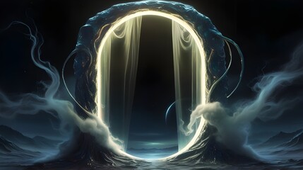 Wall Mural - A glowing, mystical portal emerges from swirling waves, casting an ethereal light into the surrounding darkness. Mysterious tendrils of energy dance around the edge