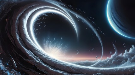 Wall Mural - A cosmic scene features a grand spiral wave that blends into the vast expanse of space, illuminated by a distant horizon glow, contributing to the celestial ambiance