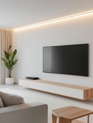 Wall Mural - Modern living room with flat-screen TV, minimalist furniture, and cove lighting.