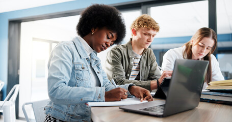 Poster - Education, group and students with laptop, classroom and research for assignment in college or writing. University, learning and people with tech for knowledge, studying and teamwork for project