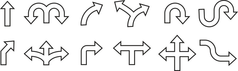Poster - Road Traffic Arrow outline icons set. Choice, option, pathway, opportunity. Way signs. Driving direction mark. GPS elements template for graphic and web designs isolated transparent background.