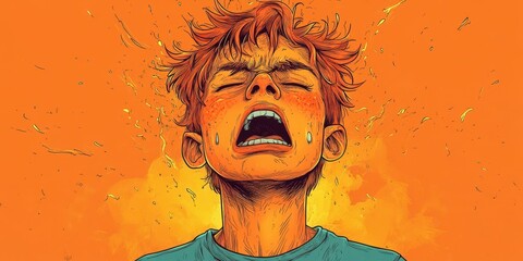 Wall Mural - Dramatic Portrait of a Young Person Expressing Intense Emotion Against a Vibrant Orange Background with Splashes of Color Symbolizing Energy