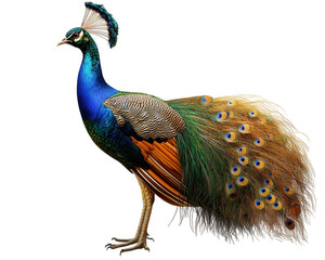 vibrant peacock displaying its colorful feathers, showcasing intricate patterns and hues. majestic bird stands proudly, embodying beauty and grace in nature