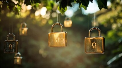 Poster - Golden Padlocks Hanging from Tree Branches: A Digital Security Concept