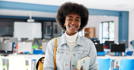 Aufkleber - Books, student and portrait of black woman in classroom for education, future and research thesis. Scholarship, studying and learning with person on University campus for knowledge, course or academy