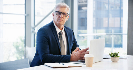 Aufkleber - Research, thinking and laptop with business man in office for corporate venture capital, reflection and private equity. Planning, finance return and schedule with mature employee for portfolio assets