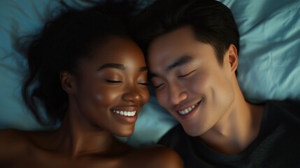 Mixed couple, black woman and asian man smiling at each other in bed. Horizontal photography (16:9)