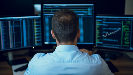 Poster - Analyst at Work: A focused man sits before a bank of computer monitors, displaying complex data and charts, suggesting intense concentration and analysis within a high-tech environment. 