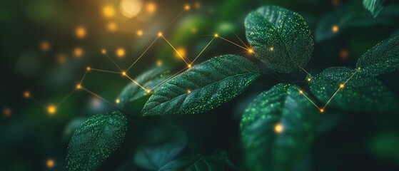 Poster - Nature's Network: Intricate network of glowing lines connecting lush green leaves, representing interconnectedness and the beauty of nature's systems.