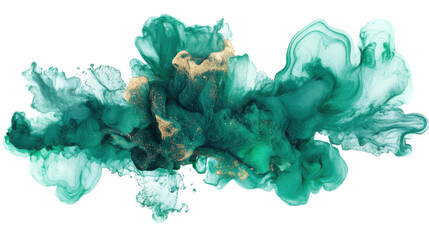 Poster - green and gold ink mixing in water creating abstract shapes on transparent background