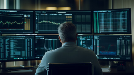 Poster - Market Analyst at Work: A focused businessman sits before a wall of monitors displaying dynamic financial data, symbolizing the intensity and complexity of modern market analysis. 