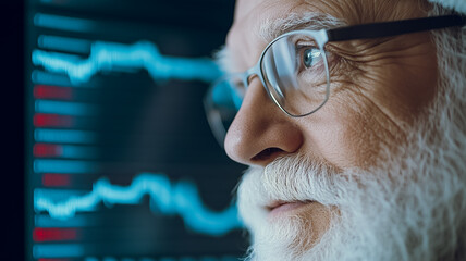 Poster - Senior Trader Analyzing Market Data: A close-up profile shot of a thoughtful senior man with glasses and a full white beard.