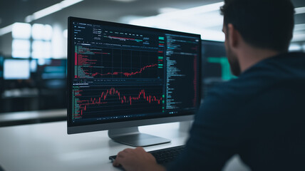 Poster - Data Driven Decisions: A businessman intently studying data charts on a computer monitor, reflecting a strategic mind focused on analyzing data for business success.