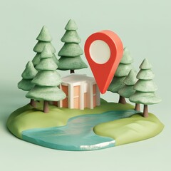 Wall Mural - 3d rendered location pin marking a building near a river in a forest.