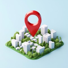 Wall Mural - red location pin above miniature city model.