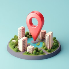 Wall Mural - 3d isometric illustration of a city with a red location pin.