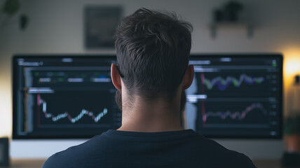 Poster - analyzing the market: a focused man sits before a large monitor displaying complex financial charts 