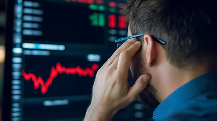Poster - Market Volatility: A man in a blue shirt, his hand resting on his ear, intently studies a large screen displaying a red and green chart.