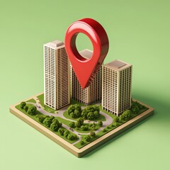 Wall Mural - red marker pinpoints location of two apartment buildings on a miniature map with park.