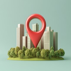 Wall Mural - red location pin over miniature city with park.
