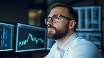 Poster - Strategic Focus: A pensive businessman, wearing glasses and a beard, sits before multiple monitors displaying dynamic financial data charts, thoughtfully analyzing market trends in a dimly lit office.