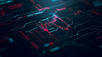 Poster - Abstract Digital Circuitry: Close-up view of a complex and intricate digital circuit board, glowing with vibrant red and teal hues, showcasing the inner workings of technology.