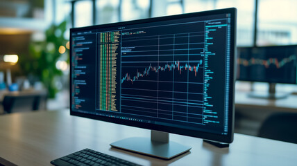 Poster - financial market analysis: a close-up of a computer monitor displaying a financial chart with a risi