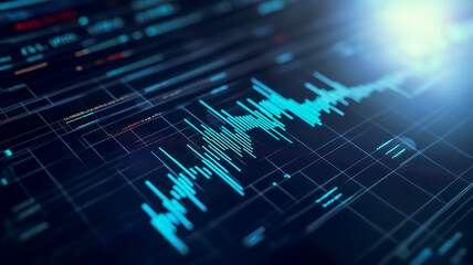 Poster - Digital Waveform: Abstract close-up of a vibrant blue waveform on a dark digital screen, suggesting data analysis, technological innovation, or the dynamic nature of digital information.  