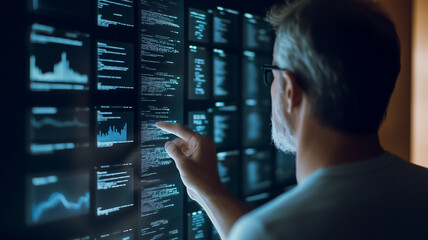 Poster - Data Analyst at Work: A focused man meticulously examines complex data streams displayed on a large monitor, his finger tracing patterns and insights within a myriad of charts and graphs.