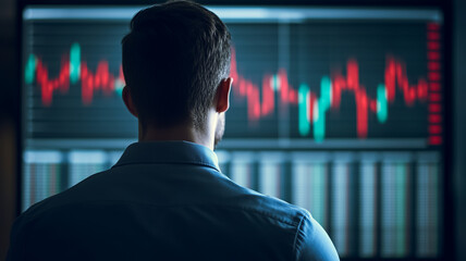 Poster - Market Analysis: A focused businessman studies intently at a large monitor displaying dynamic stock market graphs, his back to the camera.