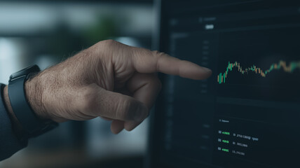 Poster - Analyzing the Market: A hand, adorned with a smart watch, points to a fluctuating stock market graph displayed on a computer screen, symbolizing the dynamic nature of the financial world.