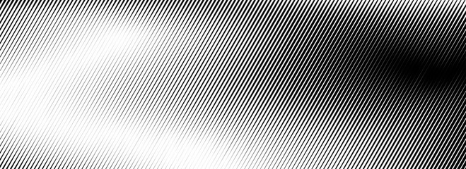 Poster - Vanishing linear gradient texture. Black diagonal stripes gradation background. Thin to thick fade slanted pattern backdrop. Vector oblique parallel strokes wallpaper