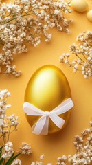 Wall Mural - A golden egg adorned with a white ribbon rests on a vibrant yellow background, symbolizing the festive spirit of Easter celebrations.