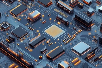 Poster - Close-up of a detailed circuit board, glowing orange accents. Illustrates technology, innovation, and computing power.